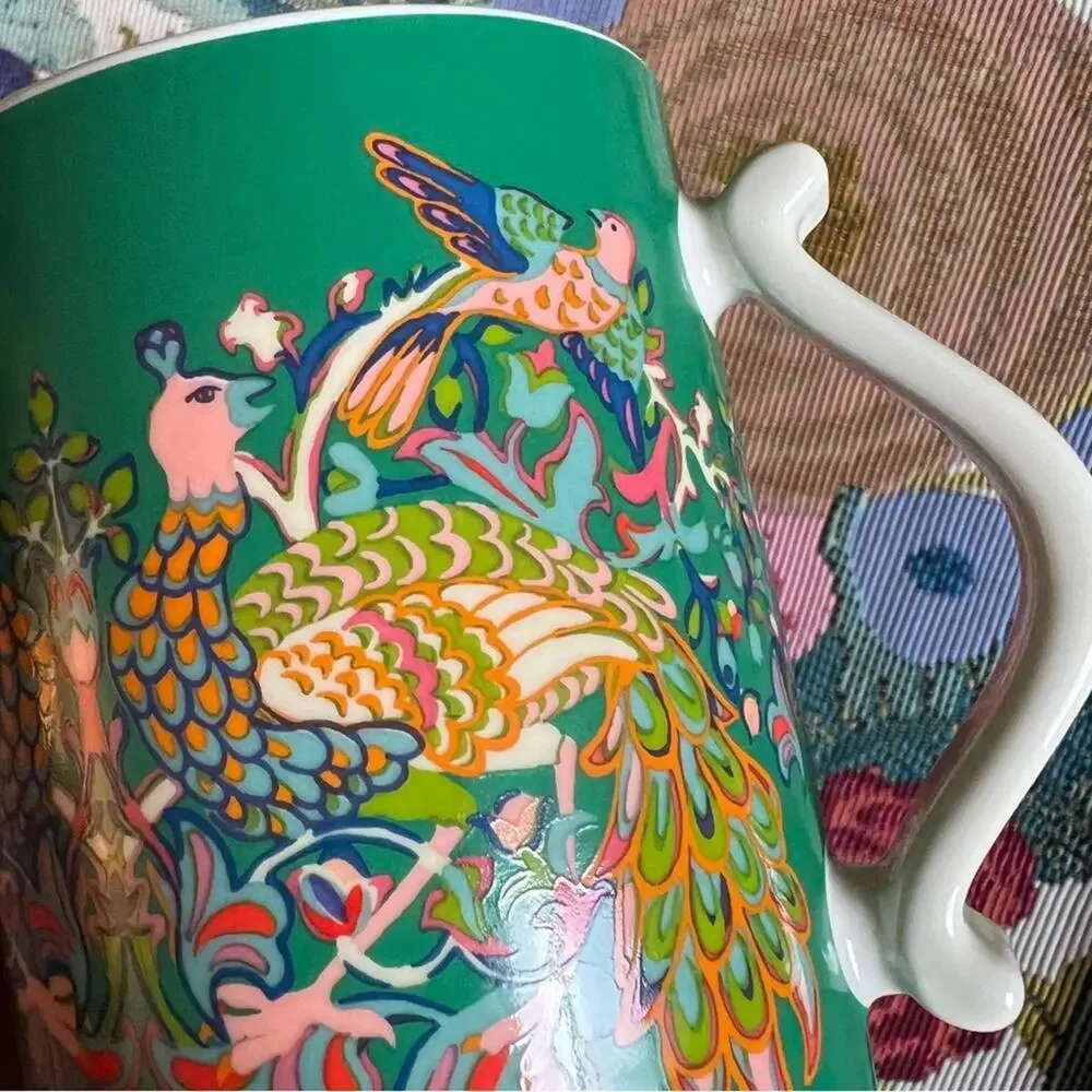 2 WILLIAM MORRIS Coffee Mugs Peacock Floral Cups Red Green Pink Bird Ornate